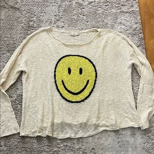 Altar'd State Cream Knit Top with Yellow Smiley Graphic